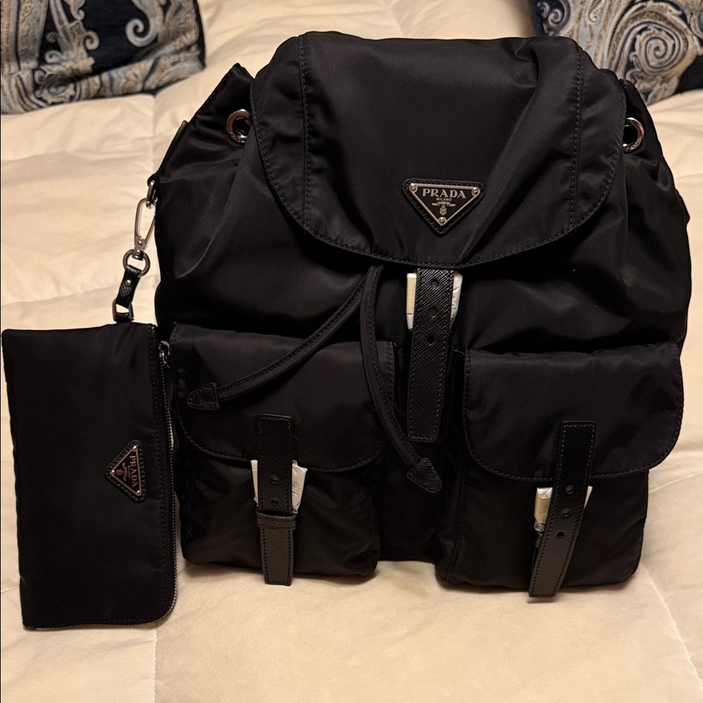 Prada Black Nylon Men's Backpack with Pouch